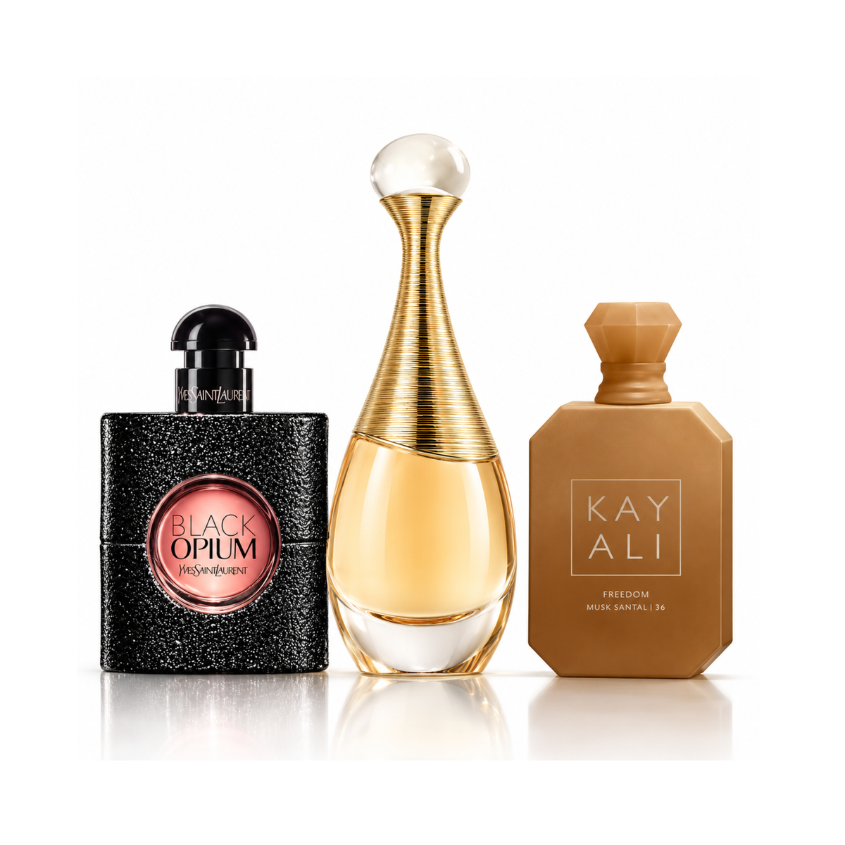 Sada 3 parfémů | Black Opium YSL Eau de Parfum – 90 ml | J’adore Dior Eau de Parfum – 100 ml | Freedom Musk Santal | 34 Kayali Eau de Parfum – 100 ml