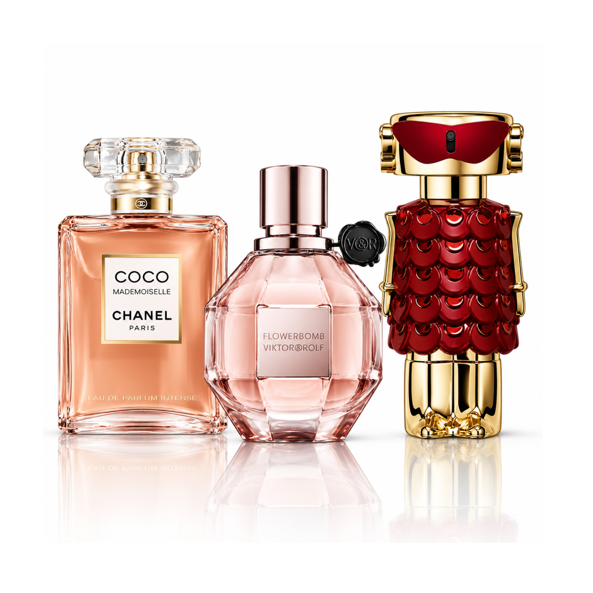 Sada 3 parfémů | Coco Mademoiselle Chanel Eau de Parfum – 100 ml | Flowerbomb Viktor&Rolf Eau de Parfum – 100 ml | Fame In Love Rabanne Parfum Elixir – 80 ml