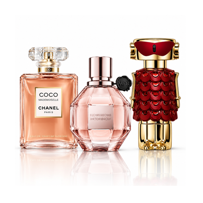 Sada 3 parfémů | Coco Mademoiselle Chanel Eau de Parfum – 100 ml | Flowerbomb Viktor&Rolf Eau de Parfum – 100 ml | Fame In Love Rabanne Parfum Elixir – 80 ml