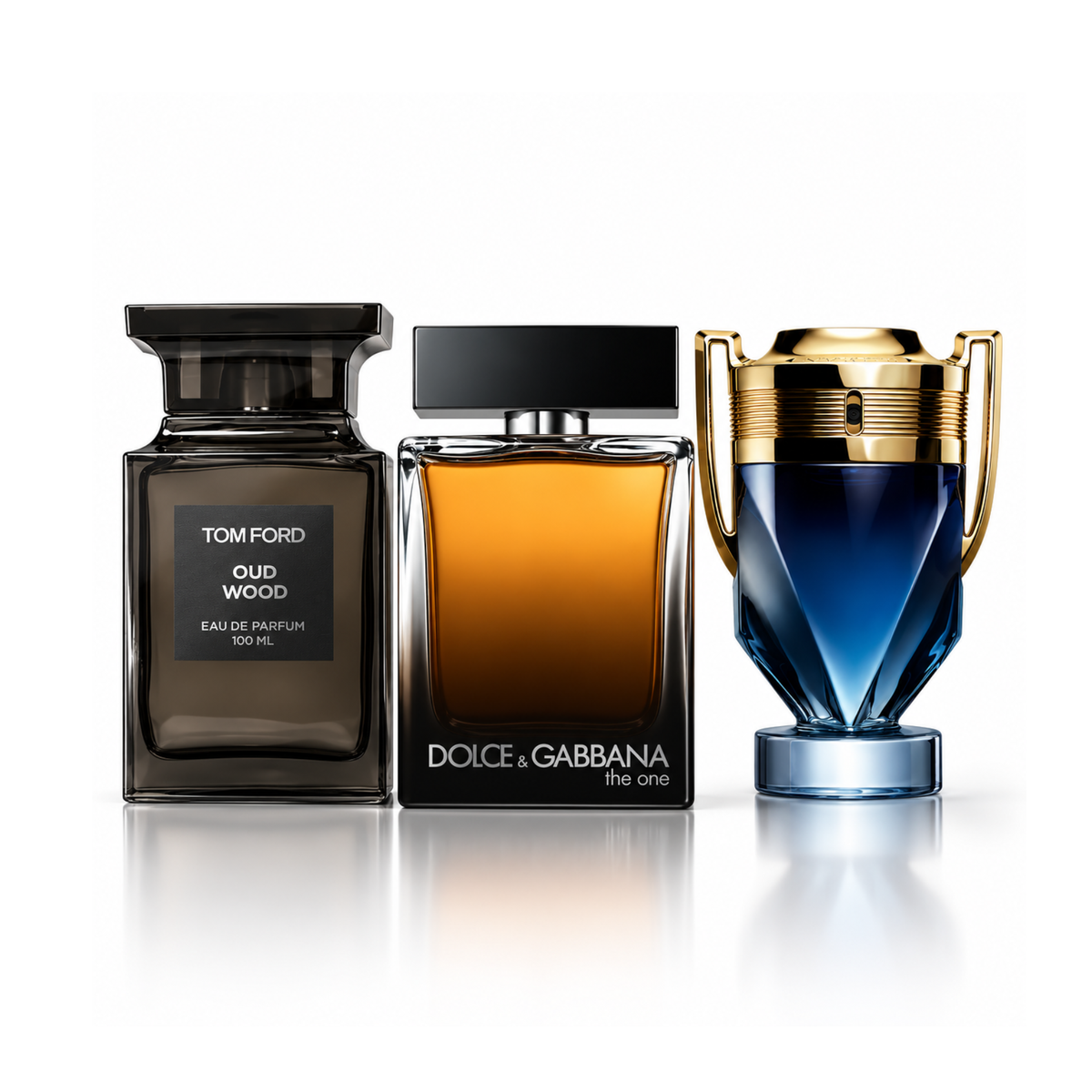Sada 3 parfémů |Oud Wood Tom Ford Eau de Parfum – 100 ml  | The One for Men Dolce & Gabbana Eau de Parfum – 150 ml  | Invictus Rabanne Eau de Toilette – 200 ml
