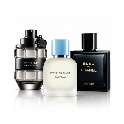 Sada 3 parfémů |Spicebomb Viktor&Rolf Eau de Toilette – 100 ml | Light Blue Pour Homme Dolce&Gabbana Eau de Toilette – 100 ml | Bleu de Chanel L’Exclusif – 100 ml